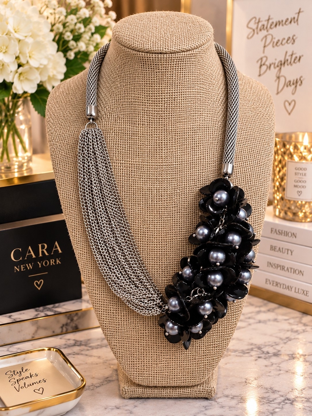 Cara NY Black Cluster Pearl Statement Necklace
